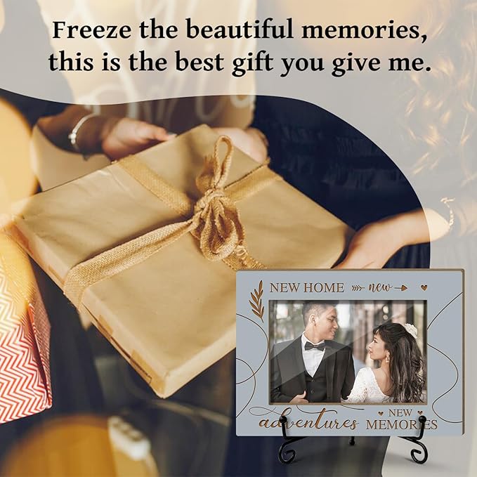 House Warming Gifts New Home Adventure New Memories - Wooden Photo Frame, Engagements Gifts For Christmas Tabletop Display 4x6 Photo Home Decor Party Decor Rustic Picture Frames With Stand -30