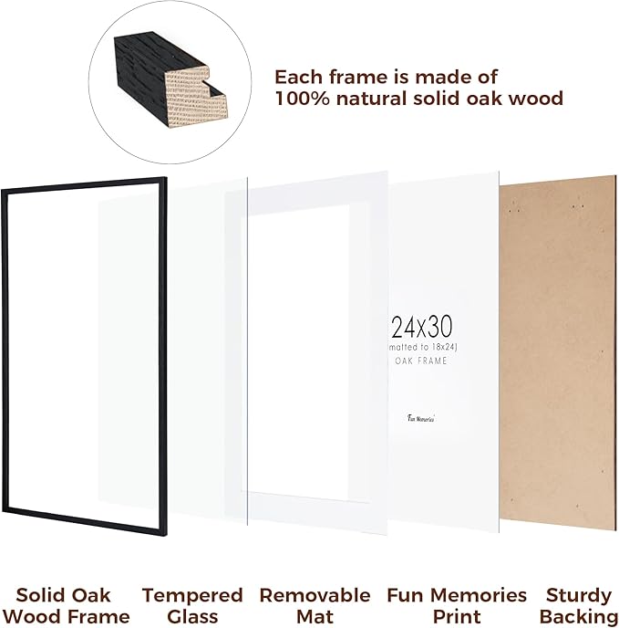 Black Picture Frame 24x30, Oak Wood Poster Frames 24 by 30, 24 x 30 Picture Frames with Tempered Glass, 18x24 Frame Matted to 24x30, Large Wooden Photo Frame 24x30, 1 Pack