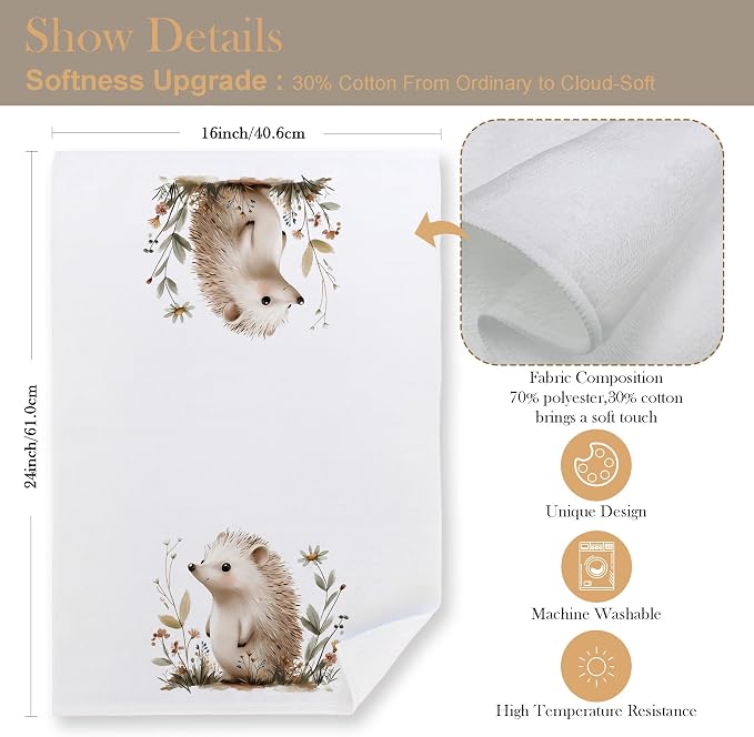 Hedgehog Gifts Kitchen Towels–Upgraded Fabric, Hedgehog Gifts for Women Dish Tea Towels for Kitchen, Cute Wild Animal Floral Botanical Decorative Hand Towel for Kids Bathroom Decor, 16x24 Inch