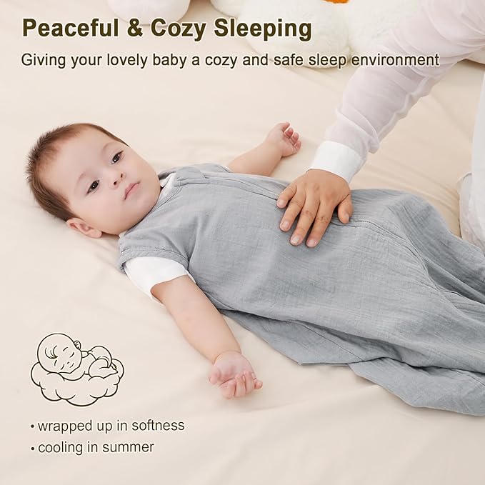 PHF 100% Muslin Cotton Baby Sleep Sacks, 12-18 Months Sleep Sack with 2-Way Zipper, 2 Pack Cooling Unisex 0.5 TOG Breathable Large Size Sleeveless Baby Wearable Blanket, Grey & Green