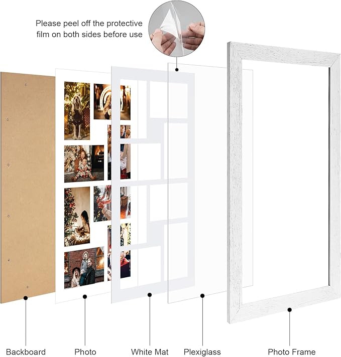 11.8x21.8 Picture Frame Display 8 opening 4X6 Picture Frame Collage,Multi Photo Frame with Mat,Plexiglass,Wall or Tabletop Decor,Distressed White Wood Grain