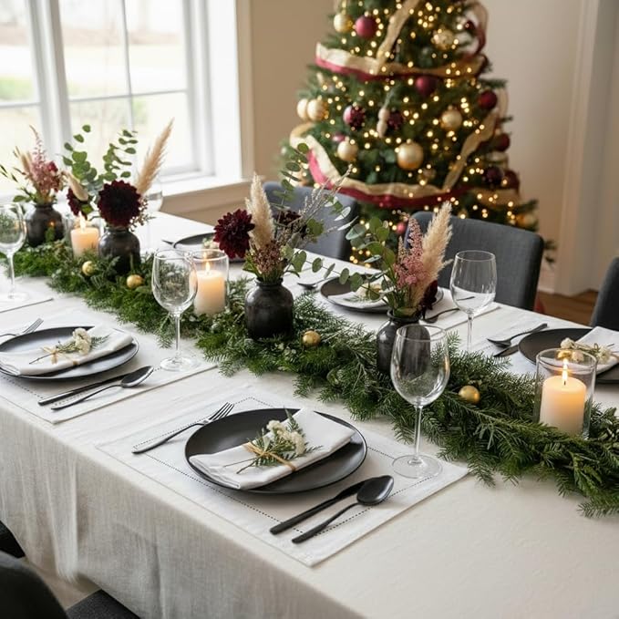 D'Moksha Homes White Linen Placemats Set of 4 - Classic Hemstitch Placemats 14 x 19 Inch - 100% Pure Linen Table Mats for Fall, Thanksgiving, Christmas, Holiday - Handcrafted and Machine Washable