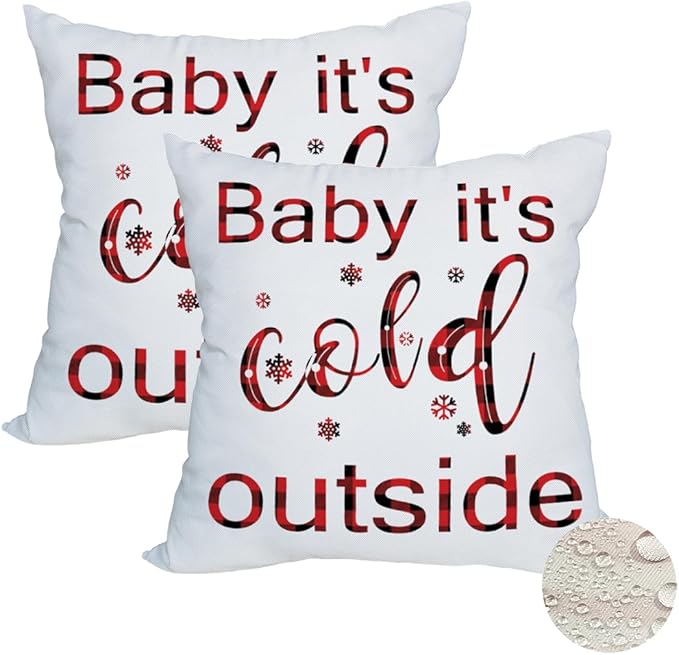 Fukeen Winter Outdoor Merry Christmas Throw Pillow Covers 22x22 Inch Waterproof Red and Black Buffalo Plaids Baby It’s Cold Outside New Year Holiday Cushion Cases Snowflake Decor Double Sided