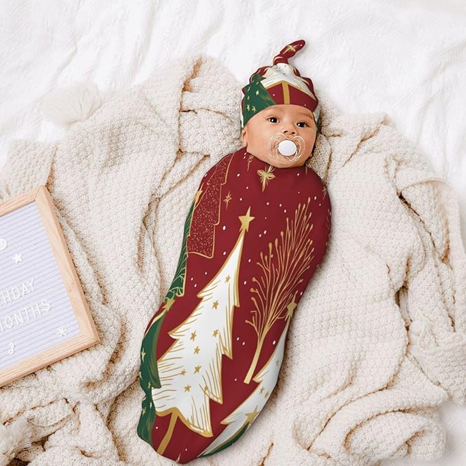 Christmas Baby Swaddle Blanket and Hat Set for Newborn Boys Girls Soft Infant Wrap Sleep 0-6 Months Christmas Tree-6