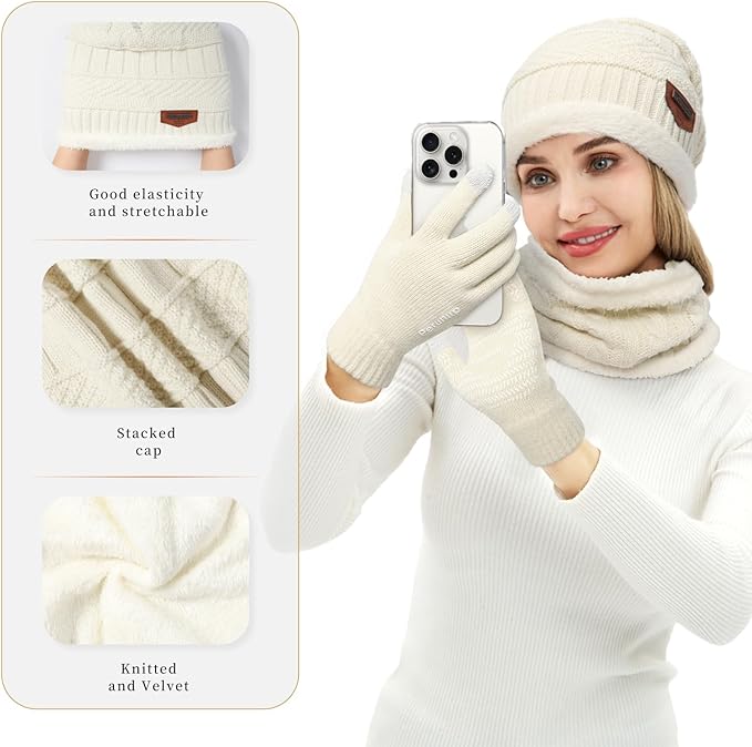 MAYLISACC Winter Knit Beanie Hat Neck Warmer Scarf and Touch Screen Gloves Set 3 Pcs Fleece Lined Skull Cap for Men Women