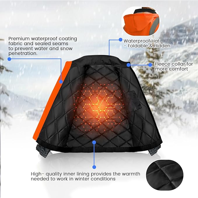 High Vis Safety Jackets, Reflective Work Jacket with Pockets for Men& Women, Construction Coats for Winter Cold Weather, Waterproof Rain Jacket, Class 3, Orange-Black, XXL