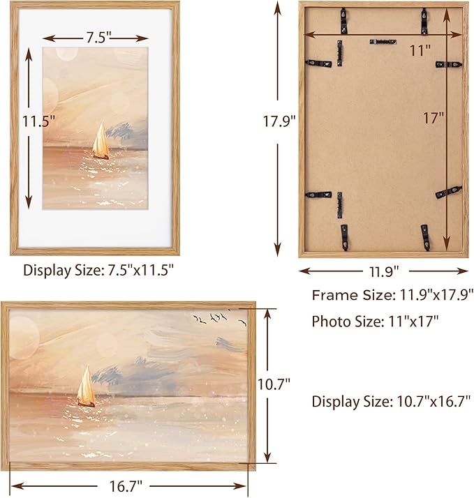 11x17 Picture Frame, Solid Oak Wood 11"x17" Picture Frames, 11 x 17 Poster Frame for Wall, 11x17 Wood Photo Frame - 8x12 with Mat, Tempered Real Glass (Beige Oak Color, 1 Pack)