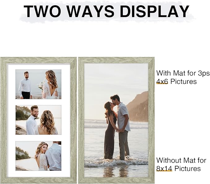 Vittanly 8x14 Picture Frames Collage Wall Decor, Displays 3Pcs 4x6 Pictures with Mat or 1Pcs 8x14 without Mat, Collage Picture Frame for Horizontal or Vertical Display, Driftwood, 1 Pack