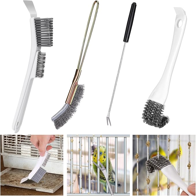 XANGNIER Bird Cage Cleaner Brush Kit Accessories,4 Pcs | Bird Poop Remover Cleaning Tools Set Accessories for Small,Medium,Large,Tall,Parakeet,Budgie,African Grey Parrot Birds Cage