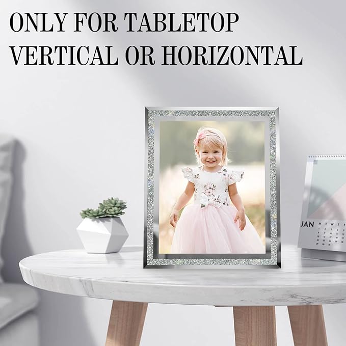 8x10 Picture Frames Silver - Set of 2, Sparkle Real Glass 8 by 10 Photo Frame Mirrored Edge Great Gift, for Tabletop Display, Wedding Birthday Christmas Day Gifts (8 x 10, Glitter Silver)