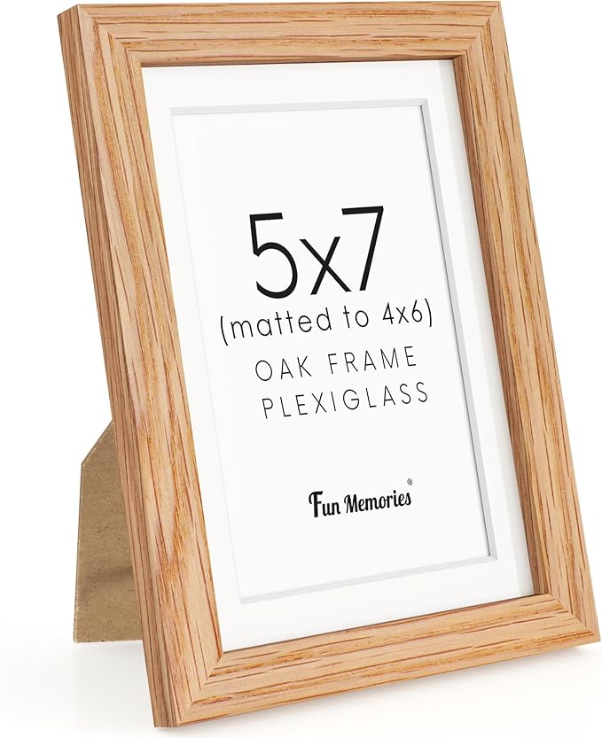 5x7 Picture Frame, Solid Oak Wood 5 x 7 Frame with Plexiglass, 5 by 7 Photo Frame for Wall & Tabletop Display, 5x7 Picture Frame Matted to 4x6, Natural Oak Color, 1 Pack