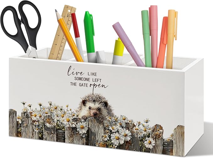 Rustic Hedgehog Pen Holder Organizer, Farmhouse Hedgehog Gifts for Women Desk Decor, Live Like Someone Left the Gate Open Wooden Pen Pencil Holders for Vintage Desk Accessories