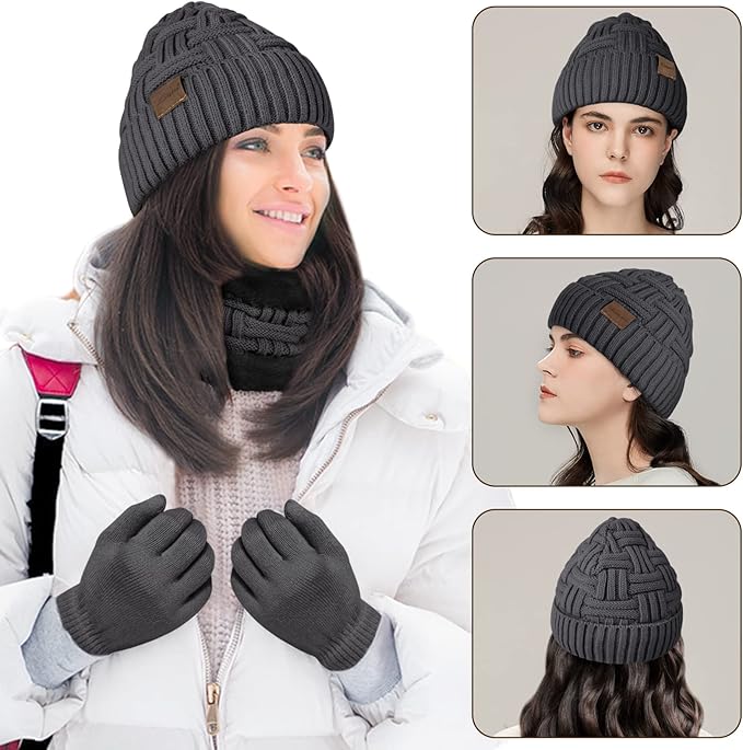 Loritta 3-Pieces Winter Hat Neck Warmer Touchscreen Gloves Set Knit Thick Scarf Beanie Hats Scarves Set Gifts for Women