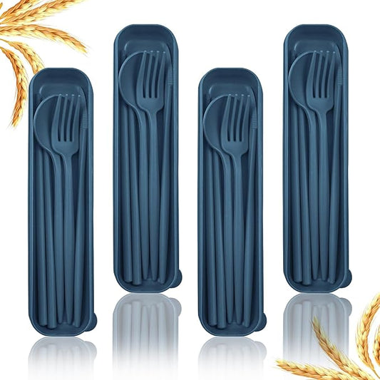 4 Sets Reusable Utensils Set with Case,Camping Cutlery Set Travel Silverware Set with Case Lunch Utensils Set for Work,Utensil Sets for Lunch Picnic Daily Use Outdoor (Darkblue)
