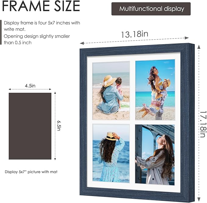 12x16 Picture Frame 5x7 Collage Picture Frame Displays Four 5x7 inch Photos or 12x16 (Without Mat) for Available Horizontal Wall Mounting Display and Vertical Navy Blue