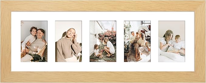 8x24 Picture Frame Display 5 opening 4X6 Picture Frame Collage,Multi Photo Frame with Mat,Plexiglass,Wall Decor,Natural Wood Grain