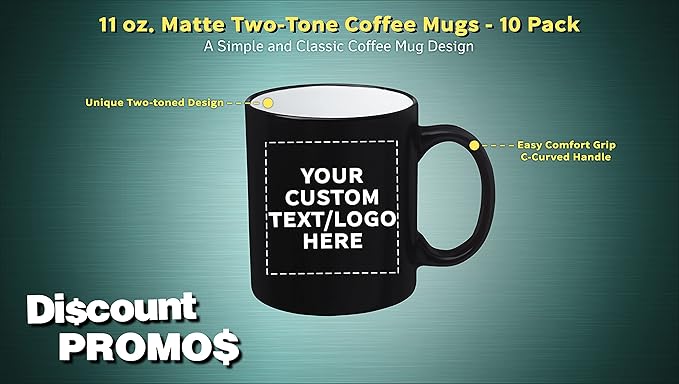 DISCOUNT PROMOS 10 Matte Two-Tone Coffee Mugs Set, 11 oz. - Customizable Text, Logo - Stoneware, Drinkware, Durable, C-handle - White
