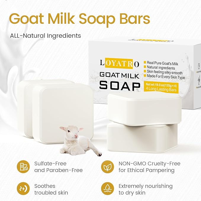 Goat Milk Soap Bar 4.8 oz (4 Bars) For Dry Sensitive Skin. Natural Soap For Women, Men, Kids & Baby. Great For Face & Body