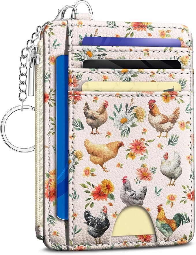 Kelvoris Credit Card Holder Small Wallet Women, Slim RFID, Chicken Rooster | Keychain, Zipper Coin Pocket, Front Pocket Thin Travel Card Case, Minimalist, 6 Card Slots, 1 ID Window, Ladies Gifts Woman