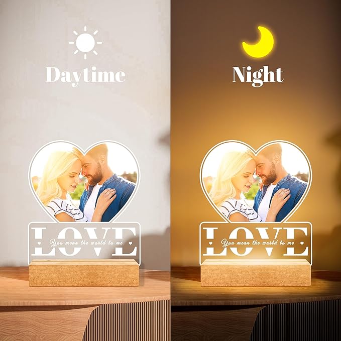 Personalized Picture Frame with Photo, Custom Photo Frame with Night Light, Customized Gifts for Girlfriend Boyfriend, Personalized Christmas Anniversary Couple Gifts for Women Men Her Him Wife