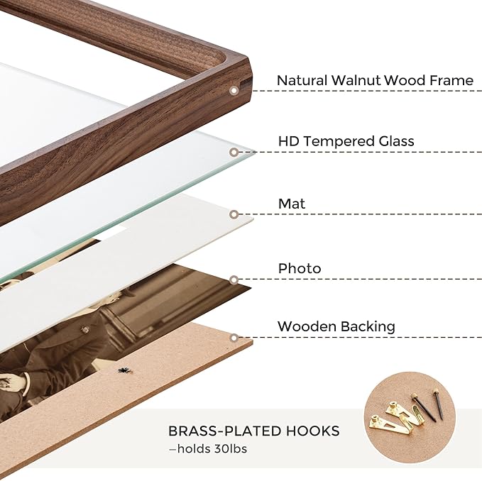 Heimlove 6x8 Picture Frames Natural Walnut,Original Wood Hand Make Crafted Photo Frame with Mat to 5x7 Graduation Picture Display,Family Picture,Wedding Picture Tabletop & Wall Decoration
