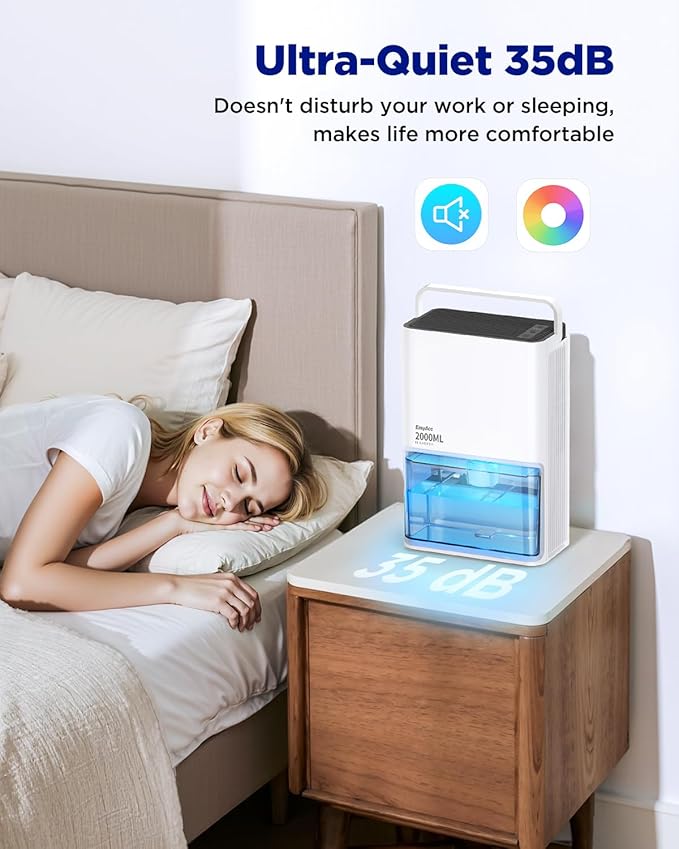 EasyAcc Dehumidifier for Home, Quiet Energy Efficient Dehumidifiers for Bathroom Bedroom Basement RV Living Room, Auto Defrost & Auto Shut Off, 68 OZ Water Tank, 7 Color Ambient Light