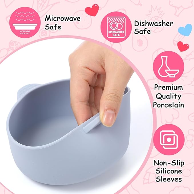 Domensi 4 Sets Kids Porcelain Bowls with Removable Silicone Sleeve 2-in-1 Porcelain Toddler Bowls Microwave Dishwasher Safe Cereal Snack Soup Dishes for Baby Children Feeding Supplies (Macaron Colors)
