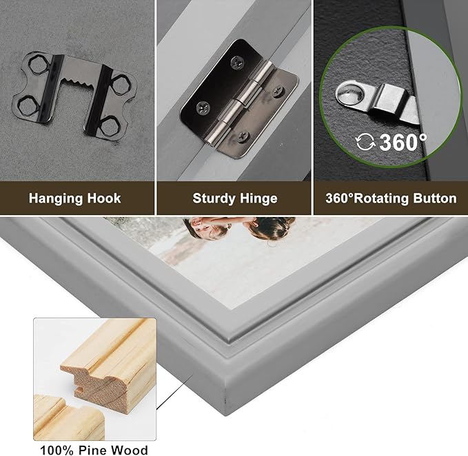 Vertical & Horizontal 4X6 Picture Frames Double Hinged Wood Folding Photo Frames with Real Glass Front Fit for Desktop or Tabletop, Gray XHUI-V46-H64