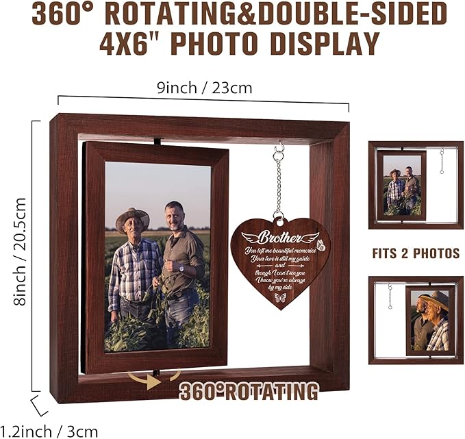 Memorial Gifts for Loss of Brother,Rotating Wooden Picture Frame, Sympathy Gift Keepsake, Healing Grief Gift for Loss of Brother, Remembrance for Funerals, Memorial Ceremonies, Fits 4x6 In Photo