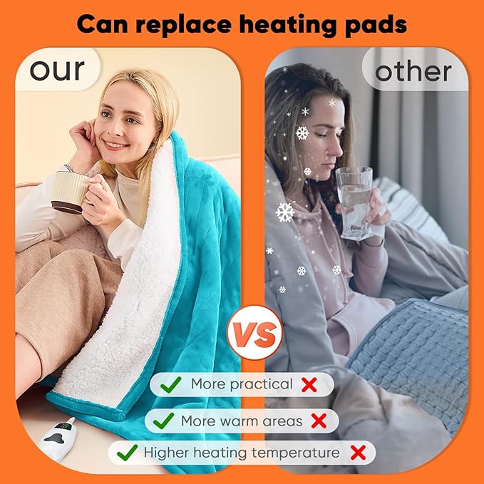 greenoak Heated Blanket Electric Throw 50"X60", Heating Blanket with 10 Heat Levels 1/2/4/6/11 Hours Auto-Off Overheat Protection, Flannel Sherpa Soft Warm Heater Blanket, ETL Certified Lake Blue