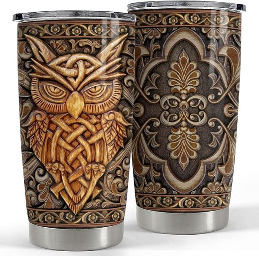 SANDJEST Owl Tumbler 20oz Owls Wood Drawing Stainless Steel Insulated Tumblers Coffee Travel Mug Cup Gifts for Women Men Owl Gift for Birthday Christmas