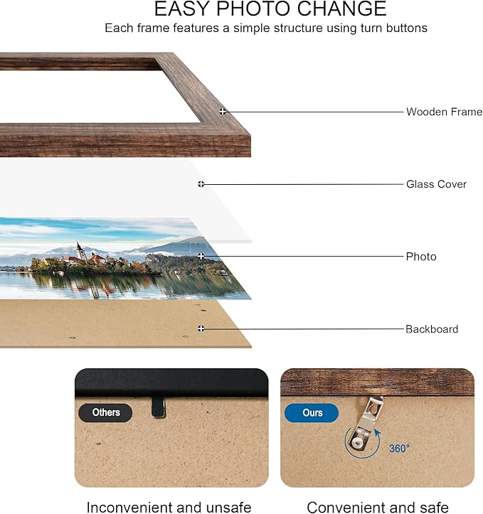 12x22 Picture Frame Set of 2, Rustic Brown with Glass Collage Frame, Display Eight Opening 4x6 Photos With Mat or 12 x 22 Newspaper Without Mat - Horizontal or Vertical Wall Mounting