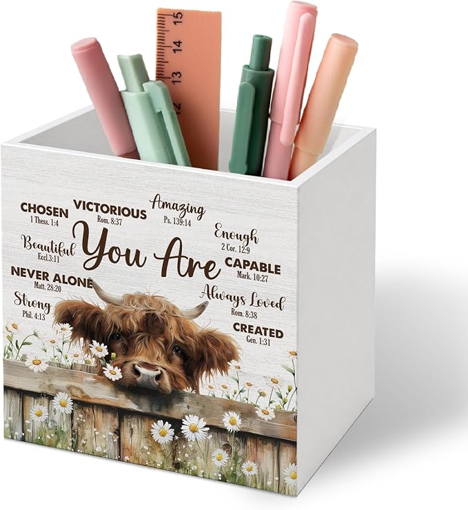 DILSJ Christian Highland Cow 1 Compartment Pen Pencil Holder for Desk,Christian Gifts, Bible Verse Highland Cow Inspirational Wooden Box Signs Organizer for Home Office Desk Tabletop Decoration