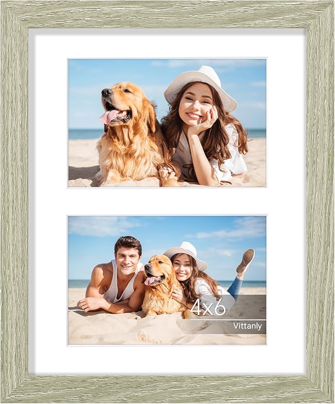Vittanly 8x10 Collage Picture Frame, Displays 2Pcs 4x6 Pictures with Mat or 1Pcs 8x10 without Mat, Photo Frame for Wall Mounting or Table Top with Stand, Driftwood, 1 Pack