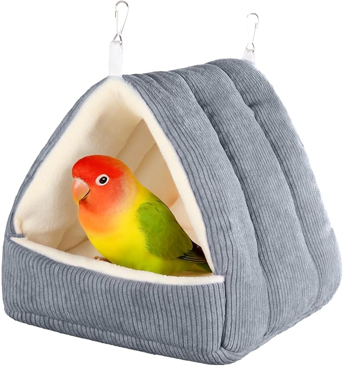 Medium Winter Warm Bird House and Bird Bed for Cage | Bird Bed with Soft Plush Hanging Hammock & Hut Tent, Hideaway Sleeping Nest for Budgies, Parakeets, Cockatiels (Grey, M)