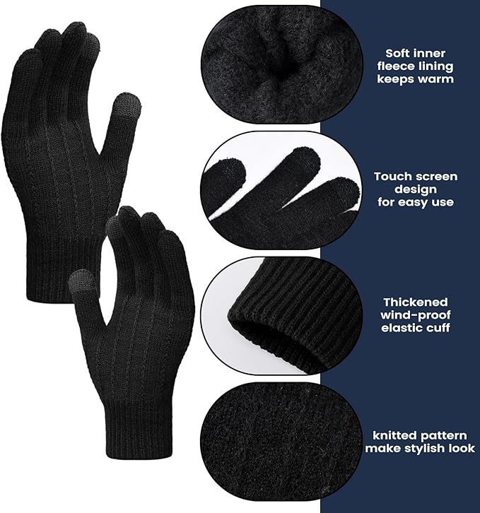 Women Winter Hat Beanie+Long Scarf+Touch Screen Gloves Set, Warm Clothes Set with Knit Fleece Lined for Women/Men Winter