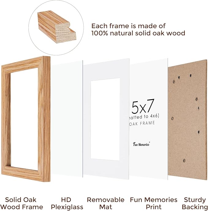 5x7 Picture Frame, Solid Oak Wood 5 x 7 Frame with Plexiglass, 5 by 7 Photo Frame for Wall & Tabletop Display, 5x7 Picture Frame Matted to 4x6, Natural Oak Color, 1 Pack