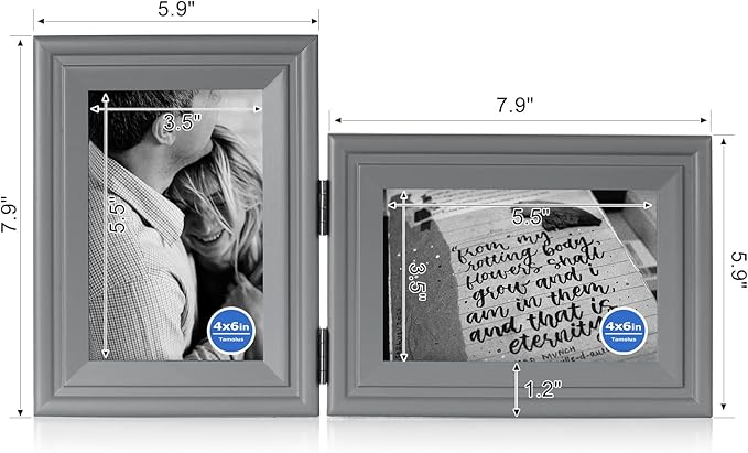 4x6 Double Hinged Picture Frame Folding Photo Frame Vertical and Horizontal in Gray Pine Wood with Real Glass for Tabletop X2-HUI-SH46