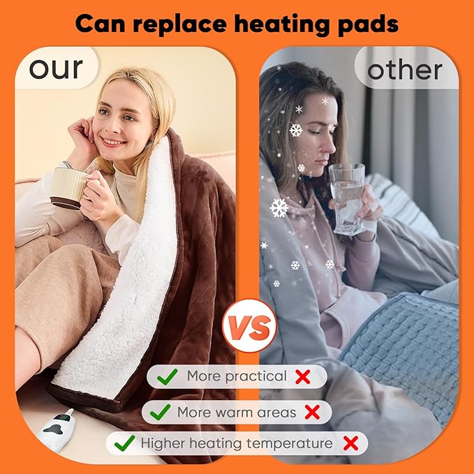 greenoak Heated Blanket Electric Twin 62"X84", Heating Blankets with 10 Levels 8 Hours Auto-Off, Soft Flannel Sherpa Fluffy House Warming Gifts for Grandma Seniors Mom,Mocha