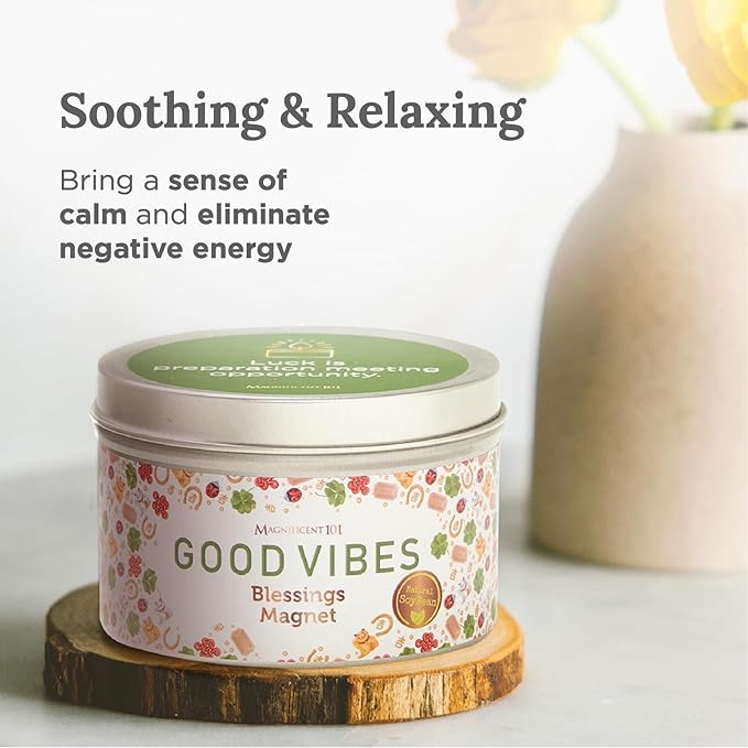 MAGNIFICENT 101 Good Vibes Manifestation Candle - 6 oz Light Brown Soy Wax Tin - Sage & Sandalwood Scented Candle for Chakra Healing & Luck
