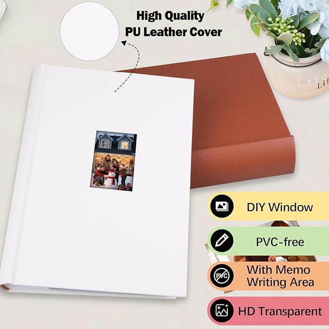 Ruibytree Photo Album 4x6 450 Photos with Writing Space,PU Leather Cover with Front Window Picture Album,4 x 6 Photo Book for Wedding Kids Travel Family Baby Vacation Couple (White)