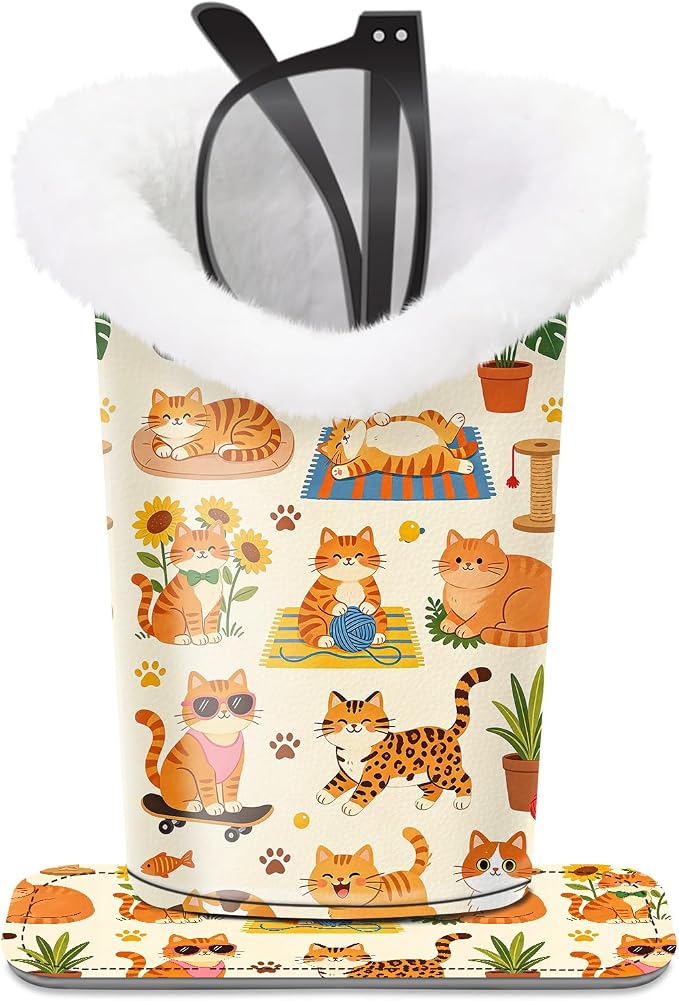 Plush Lined Eyeglasses Holder, Cute Magnetic PU Leather Glasses Stand Case for Women Men Kids