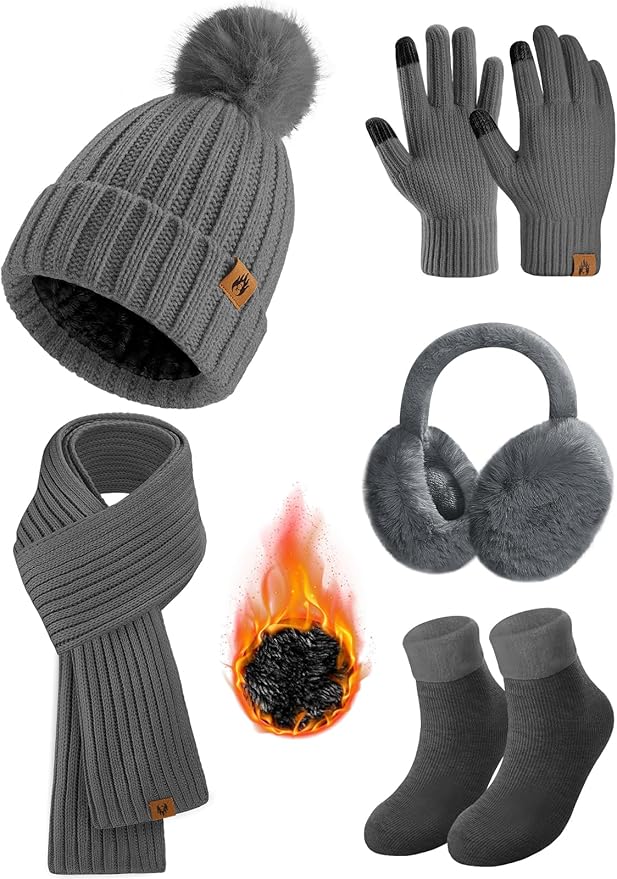 HEEKPEK Winter Beanie Hats Scarf Gloves Ear Muffs Fuzzy Socks 5pcs Set for Women Cold Weather Beanies Touch Screen Gloves