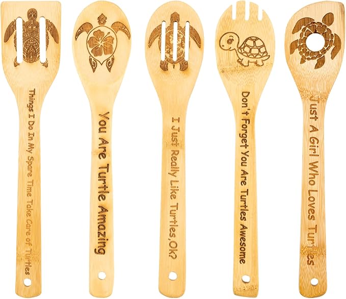 5PCS Turtle Wooden Cooking Spoons Set Bamboo Cooking Spoons | Turtle Kitchen Decor Housewarming Wedding Kitchen Gift Idea Gifts for Women Ocean Lovers
