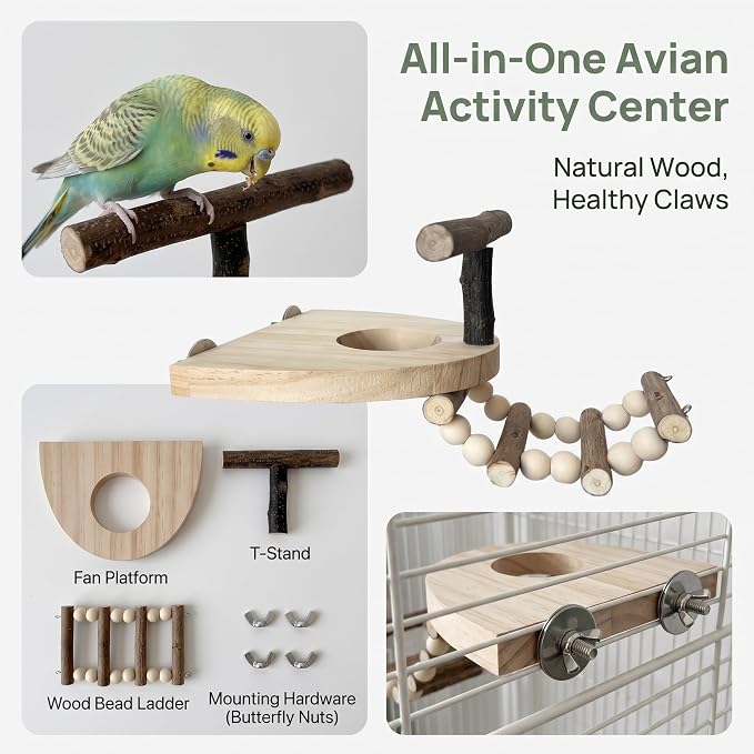 Bird Perch for Cage, Natural Pine Wood Platform with Ladder, Cage Mounted Parrot Perch for Parakeets, Cockatiels, Budgies, Finches & Small Birds