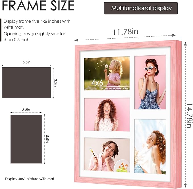 11x14 Collage Picture Frame 4x6 Collage Picture Frame Displays Five 4x6 inch Photos or 11x14 (Without Mat) Wall Decor Wall Hanging or Tabletop Pink