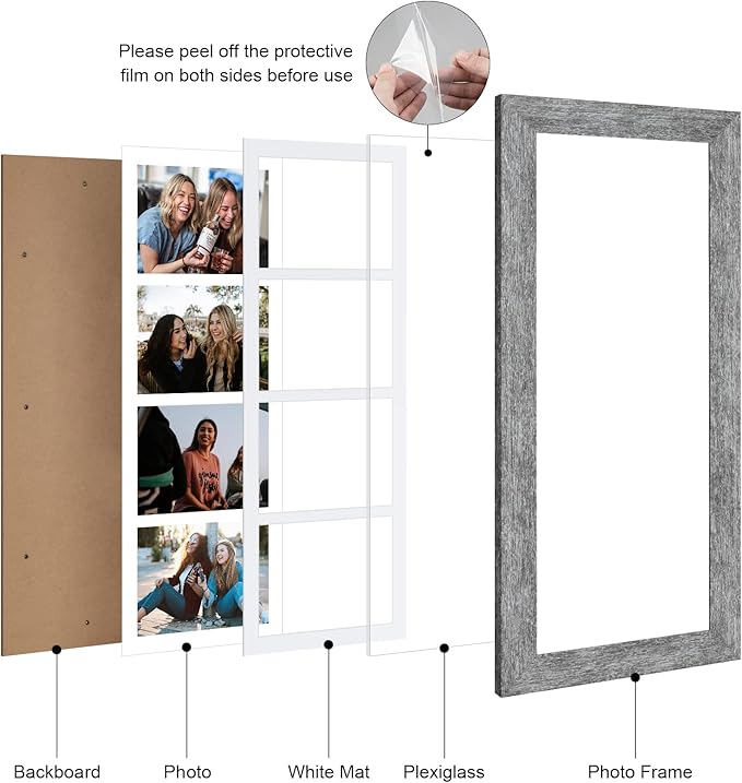 8x21 Picture Frame Display 4 opening 5x7 Collage Picture Frame,Multi Photo Frame with Mat,Plexiglass,Horizontal and Vertical Formats for Wall Decor,Grey Wood Grain