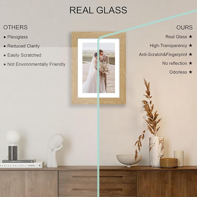 7x10 Picture Frame Set of 4, Made of Real Glass and Natural Oak Frame - Display Picture 5.5x8.5 with Mat or 7x10 Without Mat, 7 by 10 Photo for Wall or Tabletop
