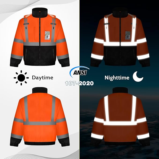 High Visibility Safety Jacket, Reflective Jacket with Pockets for Men& Women, Construction Coats for Winter Cold Weather, Waterproof High Vis Rain Gear, Class 3 Orange-Black, M