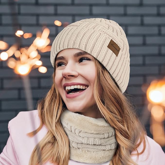 Loritta 3-Pieces Winter Hat Neck Warmer Touchscreen Gloves Set Knit Thick Scarf Beanie Hats Scarves Set Gifts for Women